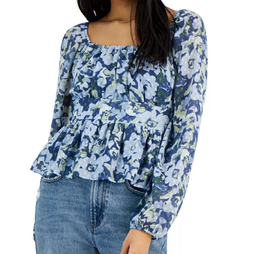 Planet Heart Blue Floral Chiffon Peplum Blouse Medium